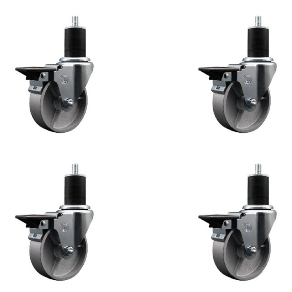 Service Caster 4'' Semi Steel Swivel 1-3/4'' Expanding Stem Caster Set with Brake, 4PK SCC-EX20S414-SSS-PLB-134-4 - main